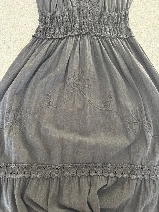 Black Dark Cottagecore Whimsigoth Midi Dress Romantic Lace Crochet Embroidery - Picture 11 of 14